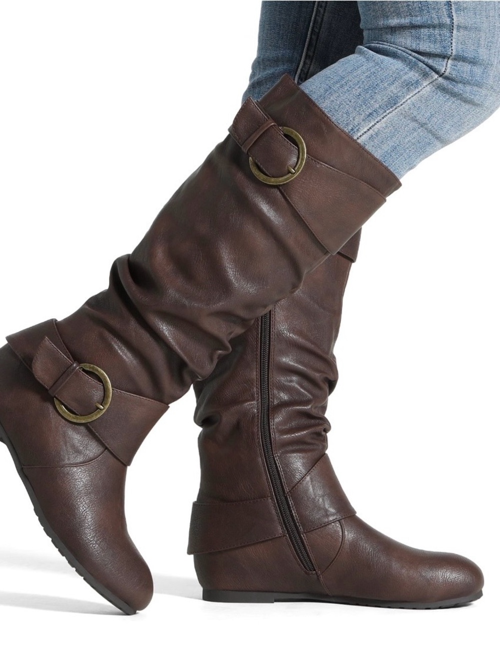 Dream Pairs Women's Chocolate Brown Mid-Calf Buckle Riding Boots